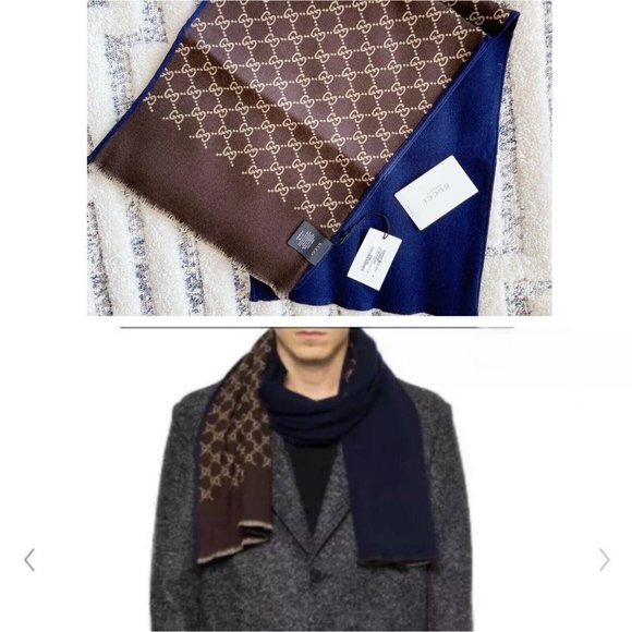 Authentic Gucci GG Logo Brown Blue 35x180cm/14”x71" Wool/Silk Shawl Scarf NWT - Picture 2 of 10